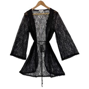 In Bloom by Jonquil Black Lace Short Robe Sheer Floral Kimono Wrap Sexy Sz M-L